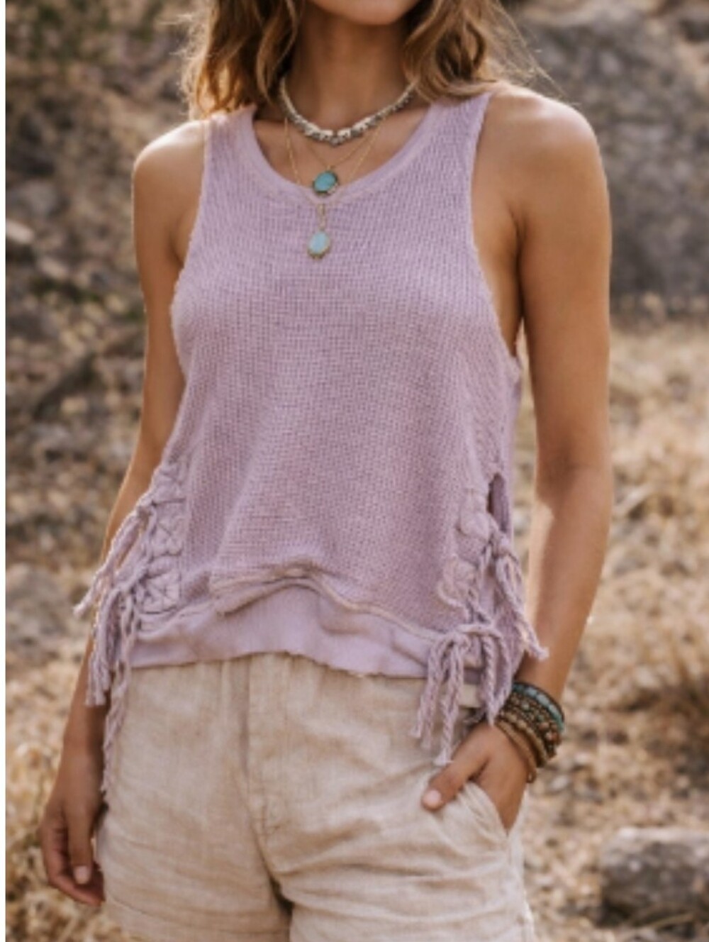 Free People ONE Waffle Knit Lilac Lavender Purple Tank Tie Sides